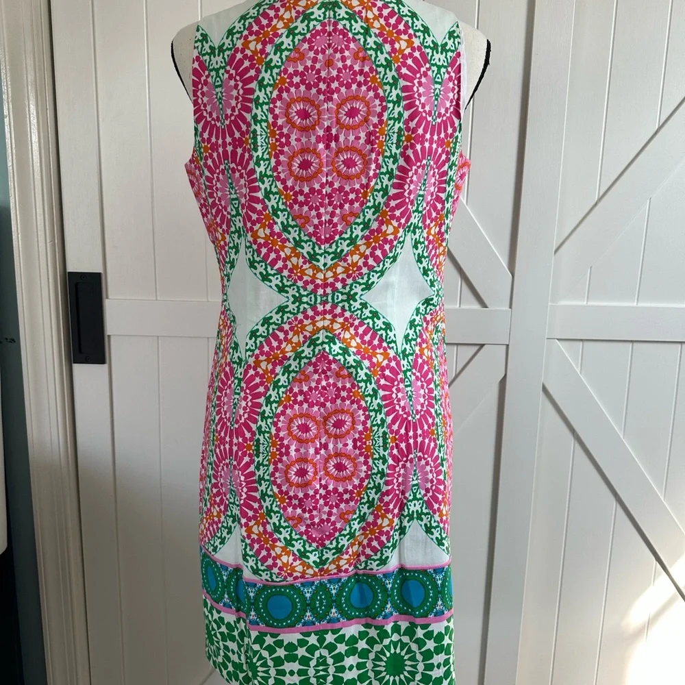 London Times Sleeveless Shift Dress Size 6 Bright Pink Green Geometric Print - Picture 3 of 4